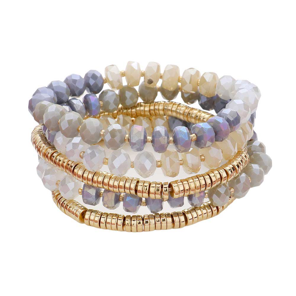 Gray 5PCS Faceted Beaded Heishi Beaded Multi Layered Stretch Bracelet, This set features 5PCS of faceted and heishi beaded strands. The unique design adds a touch of elegance to any outfit. The stretchy material provides a comfortable fit for all wrist sizes. Elevate your style with this versatile and eye-catching piece.