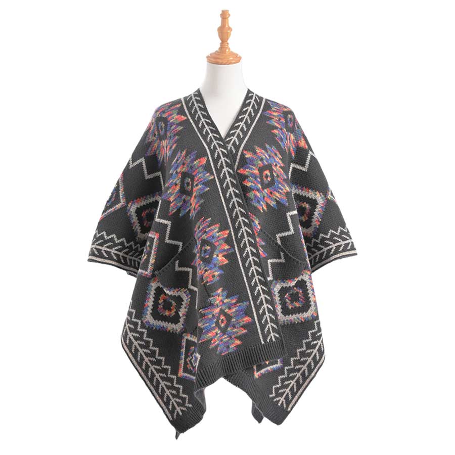 Gray Beautiful Boho Patterned Front Pockets Poncho, with the latest trend in ladies' outfit cover-up! the high-quality knit poncho is soft, comfortable, and warm but lightweight. It's perfect for your daily, casual, party, evening, vacation, and other special events outfits. A fantastic gift for your friends or family.