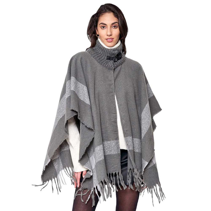 Gray Bordered Fringe Open Cape Ruana Poncho, This luxurious poncho features a chic bordered fringe, making it perfect for any occasion. Crafted from soft, comfortable fabric, this poncho will keep you feeling cozy and looking stylish. Excellent winter gift choice!