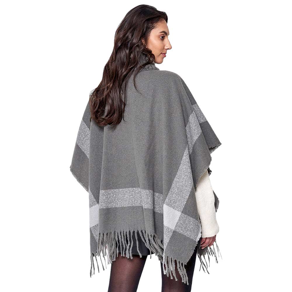 Gray Bordered Fringe Open Cape Ruana Poncho, This luxurious poncho features a chic bordered fringe, making it perfect for any occasion. Crafted from soft, comfortable fabric, this poncho will keep you feeling cozy and looking stylish. Excellent winter gift choice!