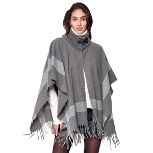 Gray Bordered Fringe Open Cape Ruana Poncho, This luxurious poncho features a chic bordered fringe, making it perfect for any occasion. Crafted from soft, comfortable fabric, this poncho will keep you feeling cozy and looking stylish. Excellent winter gift choice!