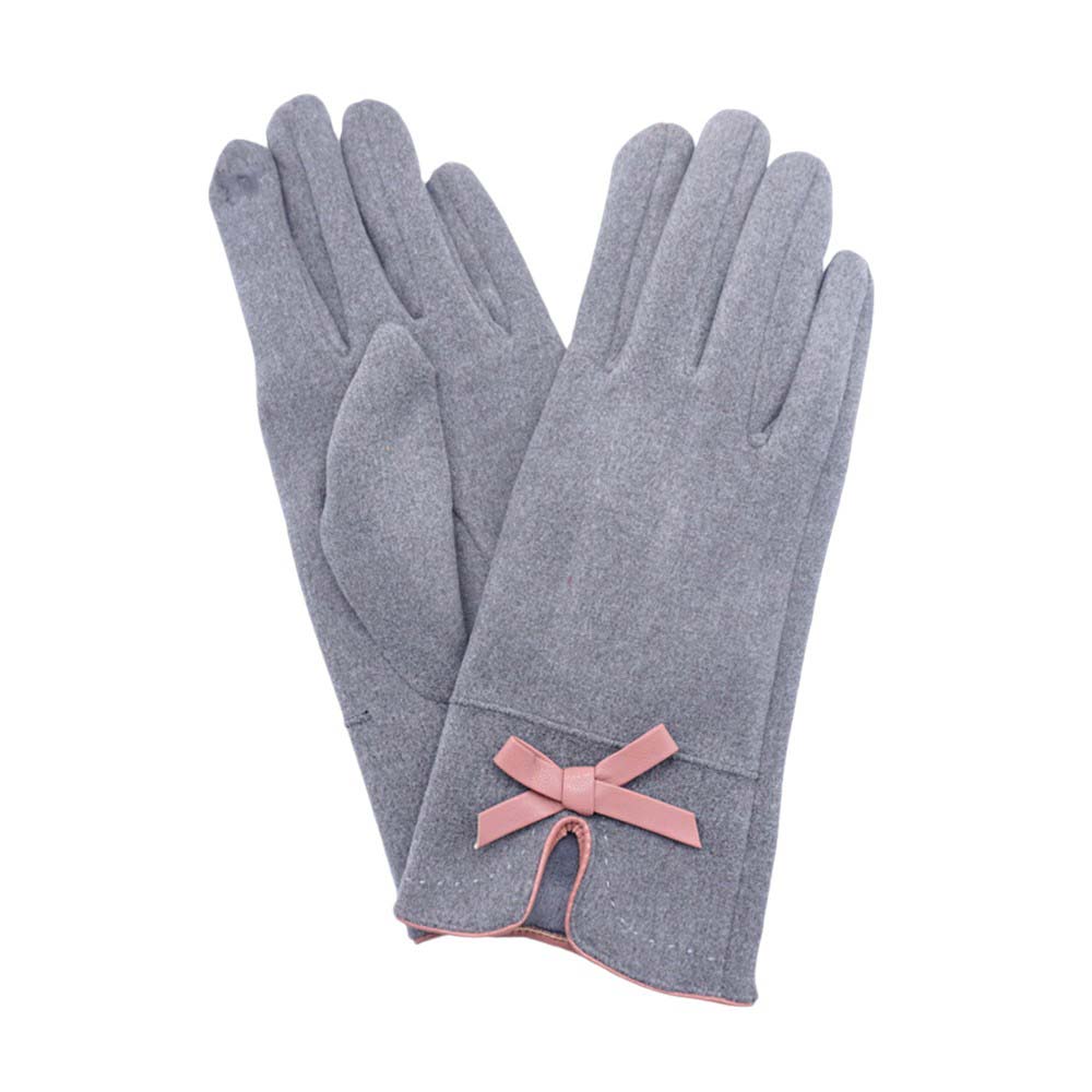 Gray-Bow Pointed Faux Suede Smart Touch Gloves , Crafted with soft faux suede and a charming bow detail, these gloves also feature touch screen compatibility for easy use of your devices. Stay warm and connected this winter with these versatile and chic gloves.