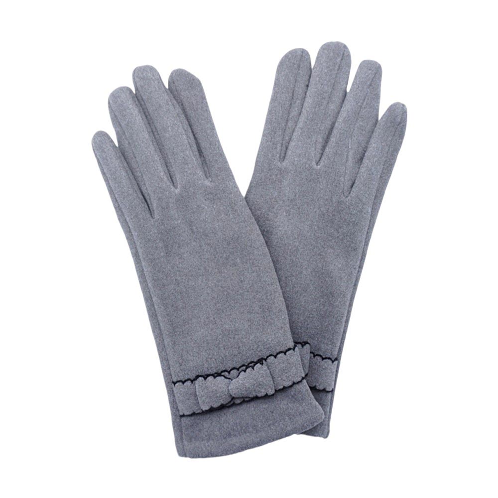 Gray-Bow Pointed Faux Suede Smart Touch Gloves, Perfect blend of fashion and function. With the added benefit of being smart touch compatible, you can easily use your phone or tablet while keeping your hands warm. The stylish bow and pointed design add a touch of elegance to any outfit.