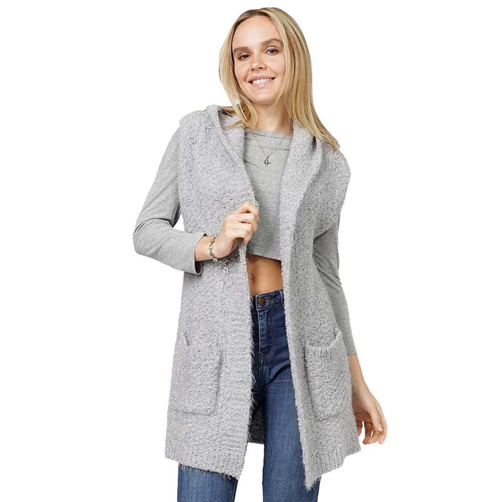 Gray Cozy Knit Hooded Vest, delicate, warm, on-trend & fabulous, a luxe addition to any cold-weather ensemble. This hooded vest with a Maggie sleeve is the perfect accessory featuring the oh-so-trendy soft chic garment, which keeps you warm, and a toasty, sleeveless vest. Perfect Gift for wife, mom, birthday, holiday, etc.