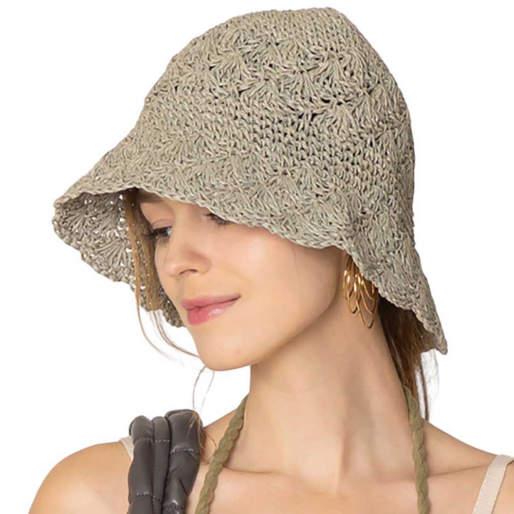 Gray Crochet Straw Bucket Hat, Stay cool with our stylish summer hat! Made with lightweight, breathable materials, this hat is perfect for sunny days. Plus, the intricate crochet design adds a touch of charm to any outfit. Keep the sun out of your eyes while looking stylish - what's not to love? Grab yours today!
