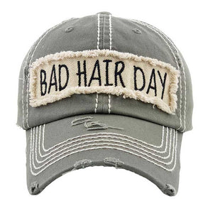 Gray Distressed Bad Hair Day Baseball Cap, cool vintage cap turns your bad hair day into a good day. The distressed frayed style with faded color, embroidered patch and contrast stitching baseball cap with fun statement will become your favorite cap. Perfect Birthday Gift, Mother's Day Gift, Anniversary Gift, Thank you Gift