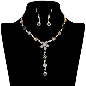 Gray Enamel Flower Stone Embellished Y Choker Jewelry Set, This beautiful set offers a unique eye-catching piece crafted with quality materials for a striking addition to any look. The set is adorned with bright enamel flowers and glimmering stones for a chic and elegant look. Wear it and dazzle on any special occasion.