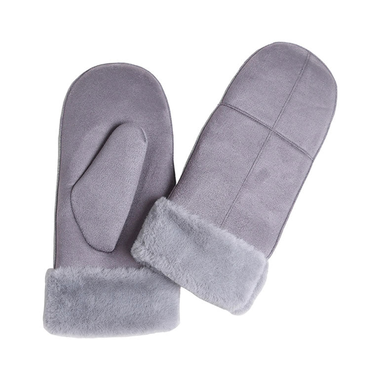 Gray Faux Fur Cuff Lining Suede Mitten Gloves, are extra warm, cozy, and beautiful mittens that will protect you from the cold weather. Wear gloves or a cover-up as a mitten to make your outfit gorgeous. A beautiful gift for the persons you care about the most. Winter will be more comfortable with this cozy mitten.
