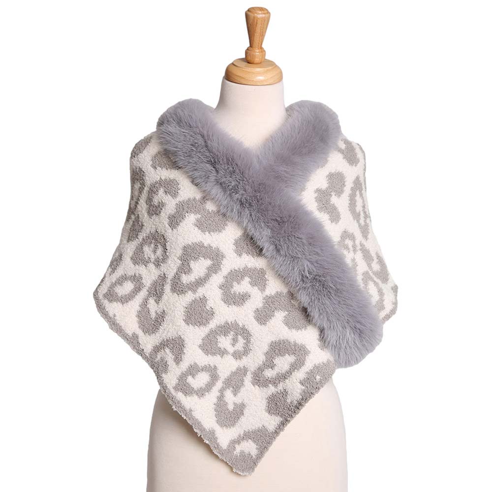 Gray Introducing the Faux Fur Pointed Leopard Patterned Shawl - a stylish addition to any wardrobe. Crafted from soft faux fur, it features a distinct leopard pattern to give any outfit a fierce edge. Perfect Gift for Wife, Mom, Birthday, Holiday, Anniversary, Fun Night Out. Happy Winter!