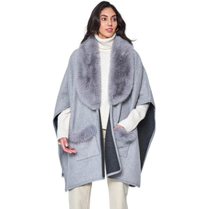 Gray Faux Fur Trimmed Front Pockets Ruana Poncho, Elevate your winter style. Crafted with faux fur accents and featuring convenient front pockets, it adds warmth, texture, and a touch of elegance to any outfit. Awesome gift choice for your family members, friends, fashion-loving young adults, colleagues, or yourself.