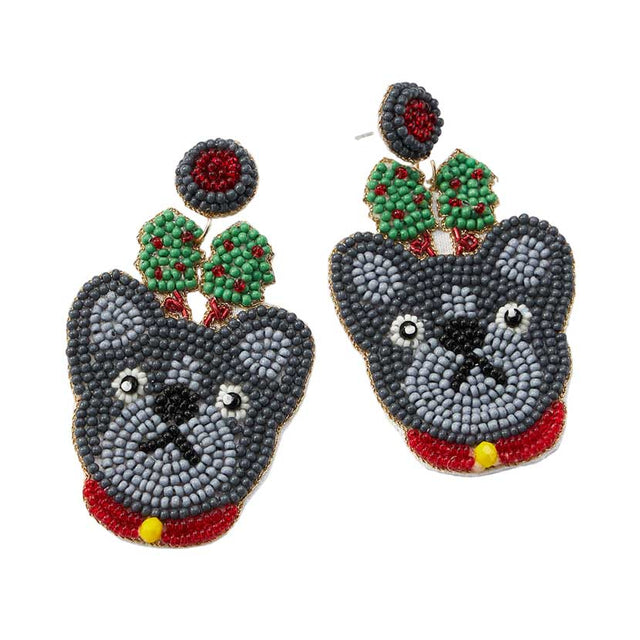 Gray Felt Back Seed Beaded Christmas Tree Bulldog Dangle Earrings, get into the Christmas spirit with these beautifully handcrafted decorated Seed Beaded Christmas Tree Bulldog Dangle Earrings, they will dangle on your ears & bring a smile to those you meet. Perfect Gift December Birthdays, Christmas, Stocking Stuffers, Secret Santa, BFF, etc.