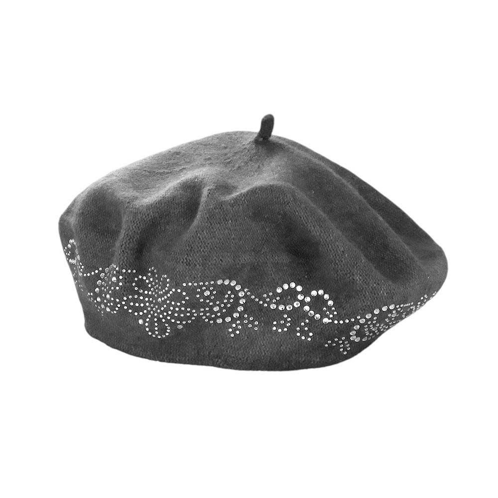 Grey-Flower Bling Studded Beret Hat, A stylish accessory for any outfit. With its floral design and studded accents, it adds a touch of elegance and glam to your look. Made with high-quality materials, it is durable and comfortable to wear. Perfect for any fashion lover.