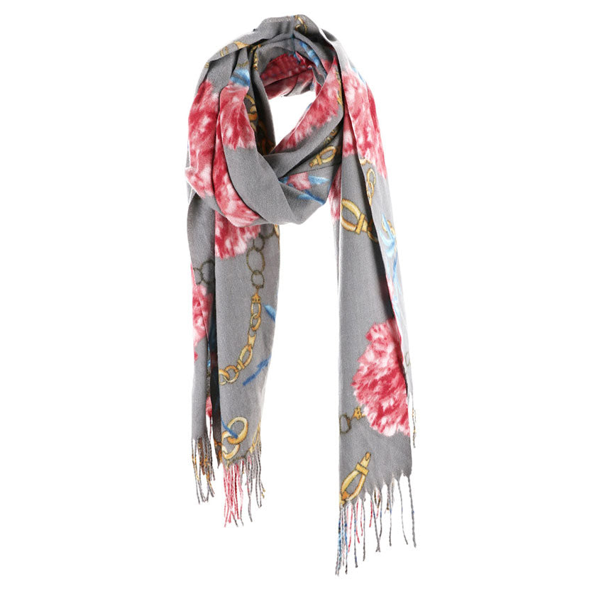 Gray Flower Chain Print Tassel Oblong Scarf, accent your look with this soft oblong scarf to receive compliments. It gives many options to dress your attire up and goes well with everything. Perfect gift for wife, mom, birthday, holiday, anniversary, fun night out, or Valentine's Day gift.