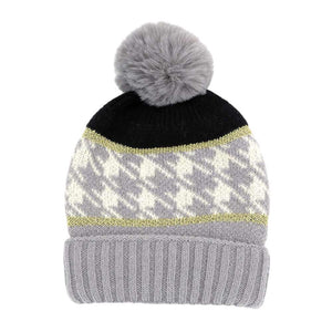 Gray Houndstooth Patterned Pom Pom Beanie Hat, wear this beautiful beanie hat with any ensemble for the perfect finish before running out the door into the cool air. An awesome winter gift accessory and the perfect gift item for Birthdays, Stocking stuffers, Secret Santa, holidays, anniversaries, Valentine's Day, etc.