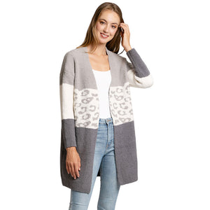 Gray Leopard Pattern Detailed Color Block Cardigan, delicate, warm, on-trend & fabulous, a luxe addition to any cold-weather ensemble. Express your love for animals with this leopard patterned cardigan. You can throw it on over so many pieces elevating any casual outfit! Perfect Gift for wife, mom, birthday, holiday, etc.
