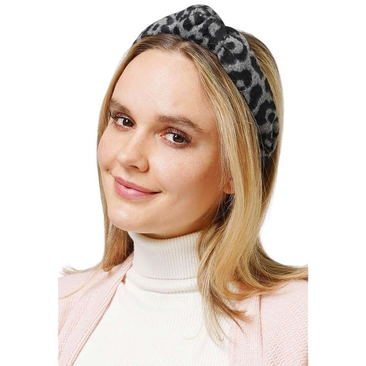 Gray-Stay up to date with the latest trends with this Leopard Patterned Knot Burnout Headband. Made from quality fabric, 50% Polyester, and 50% Plastic This combination creates a  comfortable fit, timeless leopard print ensures you look fashionable whatever the occasion. This eye-catching headband will spice up your look.