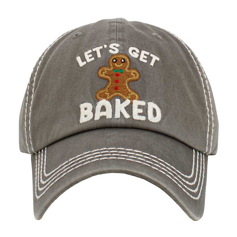 Gray Let's Get Baked Message Gingerbread Man Pointed Vintage Baseball Cap, Crafted with a curved visor and adjustable back closure, this baseball cap adds a pop of fun to any sporty or casual outfit. The stitched design features a delicious gingerbread man making it a nice gift choice for sports lovers on Christmas days.