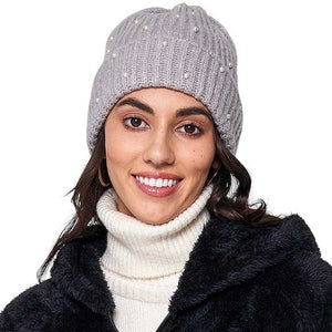 Gray Knitted Pearl Beanie Hat, Stay warm in perfect style. This beanie is knitted with lightweight wool and features delicate pearl detailing for an effortless chic look. The lightweight wool helps to keep in warmth and is sure to be durable, keeping you warm for years to come. Nice and thoughtful gift idea in Cold Ace.