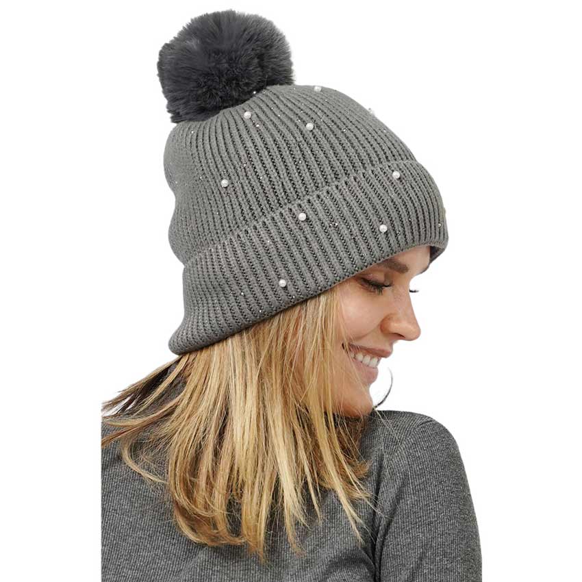 Gray Pearl Embellished Lining Knit Pom Pom Beanie Hat, wear this beautiful beanie hat with any ensemble for the perfect finish before running out the door into the cool air. An awesome winter gift accessory and the perfect gift item for Birthdays, Christmas, Stocking stuffers, holidays, anniversaries, Valentine's Day, etc.