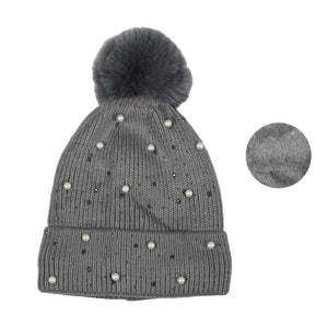 Gray Pearl Embellished Lining Knit Pom Pom Beanie Hat, wear this beautiful beanie hat with any ensemble for the perfect finish before running out the door into the cool air. An awesome winter gift accessory and the perfect gift item for Birthdays, Christmas, Stocking stuffers, holidays, anniversaries, Valentine's Day, etc.