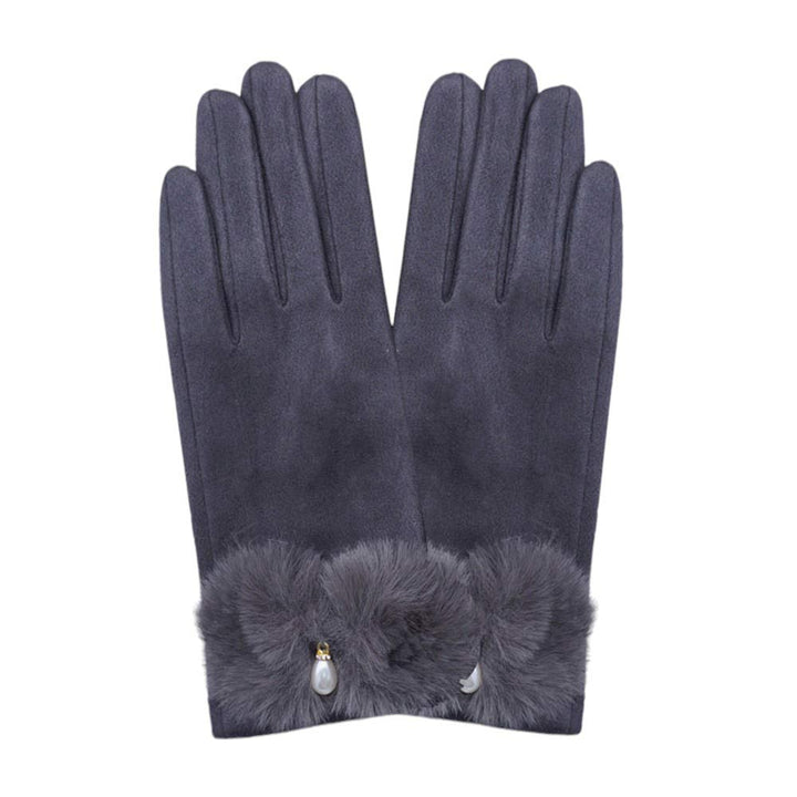 Gray-Pearl Pointed Fuzzy Bow Accented Smart Touch Gloves,  Designed with a classic pearl pointed bow. These gloves are not only stylish but also functional. With smart touch technology, you can easily use your touchscreen devices without having to take them off. Stay warm and connected all winter long.