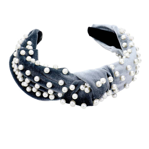 Pearl Velvet Knotted Headband - Gray