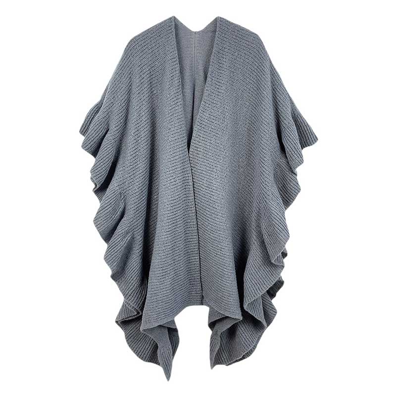 Gray This Reversible Ruffle Sleeves Knit Ruana Poncho adds the perfect touch of sophistication to your look. Crafted from 100% Polyester this poncho features reversible sleeves with a unique ruffle design.  Easy to wear and care for, it's a must-have for any wardrobe. Excellent choice as a gift item for your loved ones. 