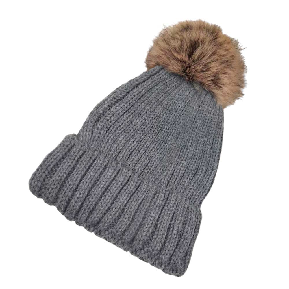 Gray Solid Knit Faux Fur Pom Pom Beanie Hat, stay warm during the chilly months with this cozy pom pom beanie hat. This is the perfect hat for any stylish outfit or winter dress. Perfect gift item for Birthdays, Christmas, Stocking stuffers, Secret Santa, holidays, anniversaries, Valentine's Day, etc.
