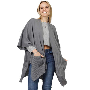 Gray Solid Knit Front Pockets Vest Poncho, With the latest trend in ladies' outfit cover-up! the high-quality knit poncho is soft, comfortable, and warm but lightweight. It's perfect for your daily, casual, party, evening, vacation, and other special events outfits. A fantastic gift for your friends or family.