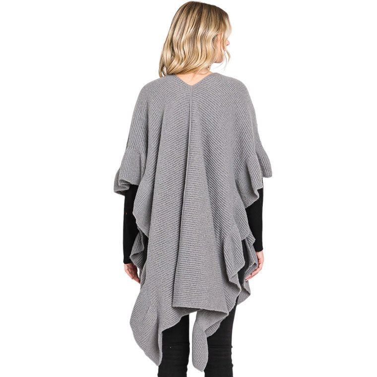 Gray Solid Ruffle Knit Ruana Poncho, with the latest trend in ladies' outfit cover-up! the high-quality knit ruana poncho is soft, comfortable, and warm but lightweight. It's perfect for your daily, casual, party, vacation, and other special events outfits. A fantastic gift for your friends or family.