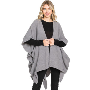 Gray Solid Ruffle Knit Ruana Poncho, with the latest trend in ladies' outfit cover-up! the high-quality knit ruana poncho is soft, comfortable, and warm but lightweight. It's perfect for your daily, casual, party, vacation, and other special events outfits. A fantastic gift for your friends or family.