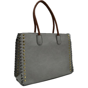 Gray Studded Faux Leather Whipstitch Shoulder Bag Tote Bag, is crafted from high-quality faux leather, featuring a stylish whipstitch trim and studded accents. Its adjustable strap makes it perfect for everyday use, this spacious handbag features a roomy interior to hold all your essentials. This bag is sure to turn heads.