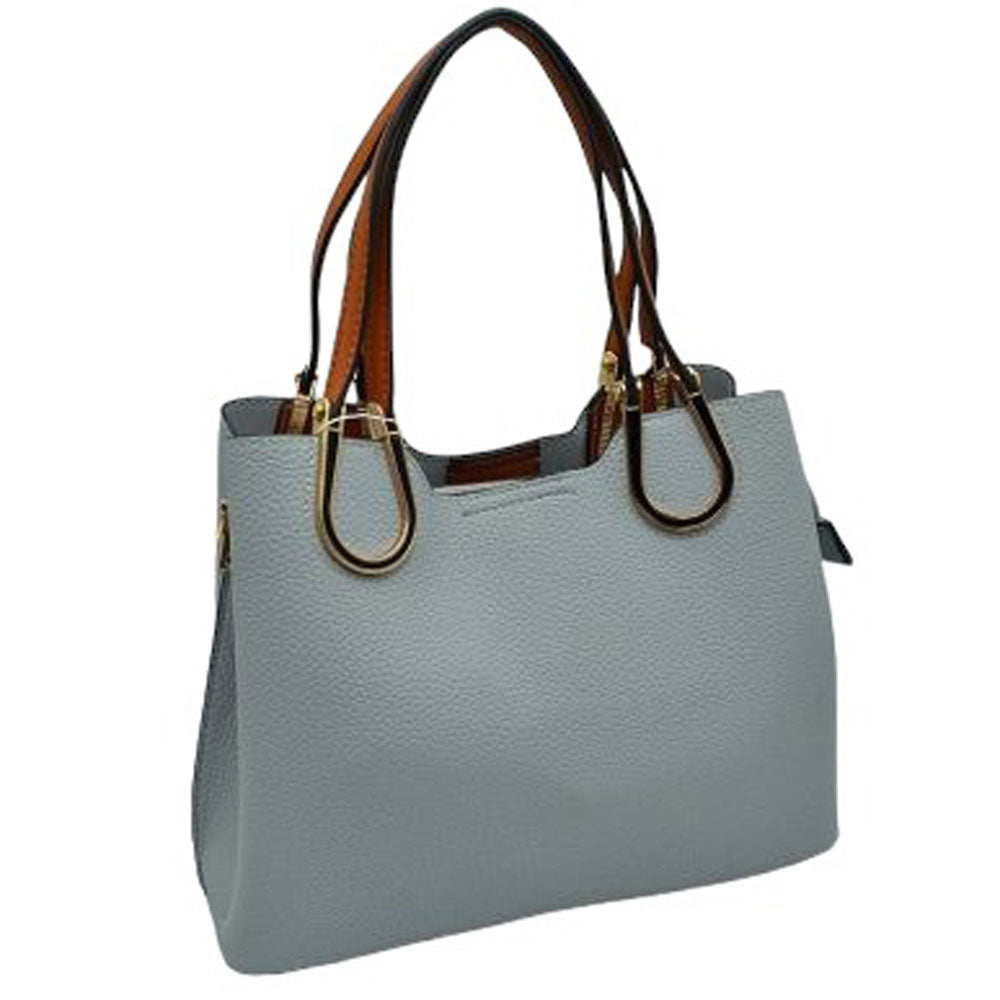 Gray Textured Faux Leather Horseshoe Handle Women's Tote Bag, featuring an eye-catching textured faux leather exterior and a horseshoe-shaped handle. The bag has a spacious interior, perfect for days when you need to carry a lot of items. Its structure and design ensure that your items will stay secure even on the go.