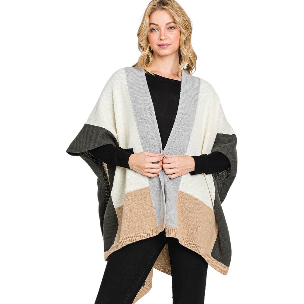 Gray Trendy Color Block Ruana Poncho, with the latest trend in ladies' outfit cover-up! the high-quality knit ruana poncho is soft, comfortable, and warm but lightweight. It's perfect for your daily, casual, party, evening, vacation, and other special events outfits. A fantastic gift for your friends or family.