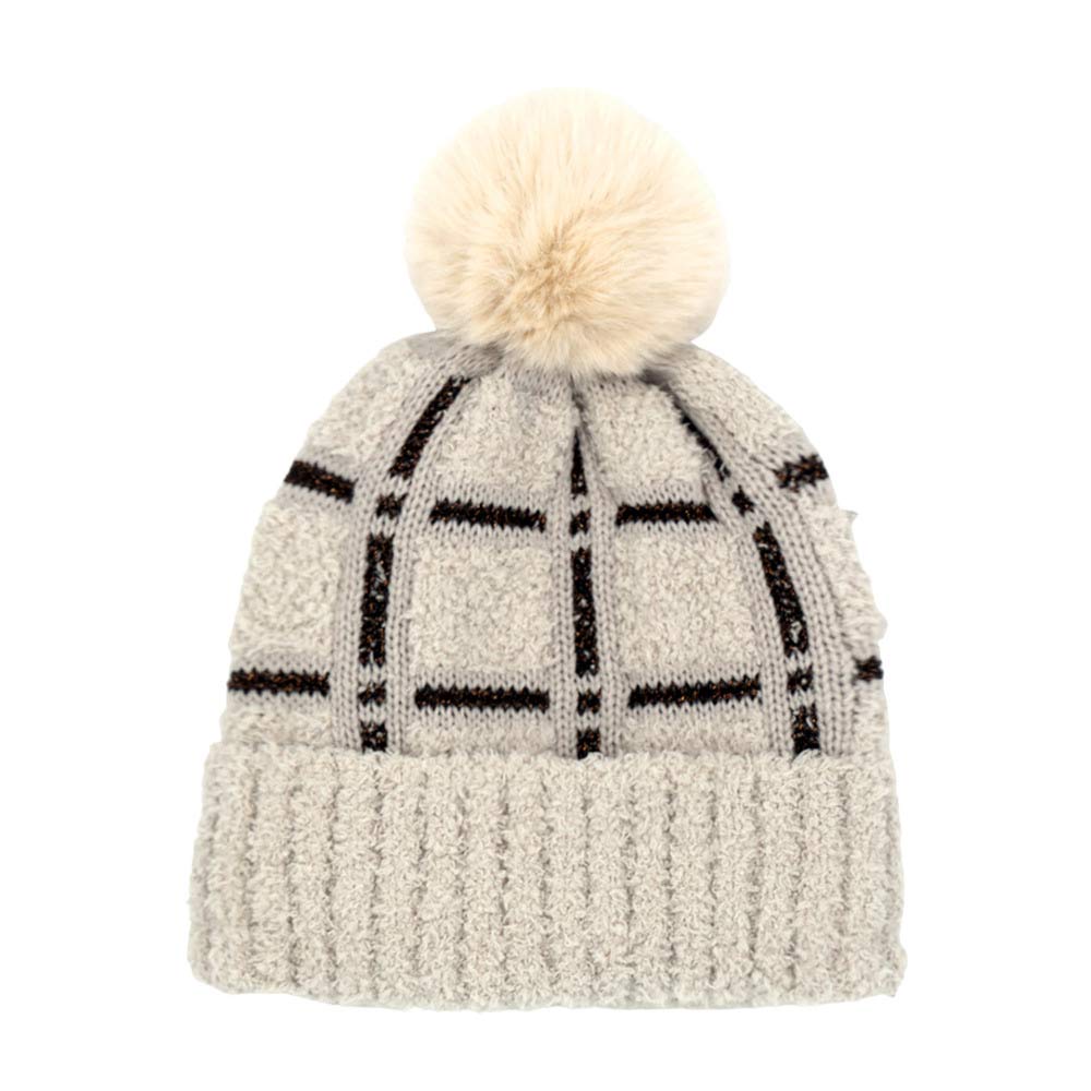 Black Trendy Plaid Check Patterned Pom Pom Beanie Hat, wear this beautiful beanie hat with any ensemble for the perfect finish before running out the door into the cool air. An awesome winter gift accessory and the perfect gift item for Birthdays, Christmas, Stocking stuffers, holidays, anniversaries, Valentine's Day, etc.