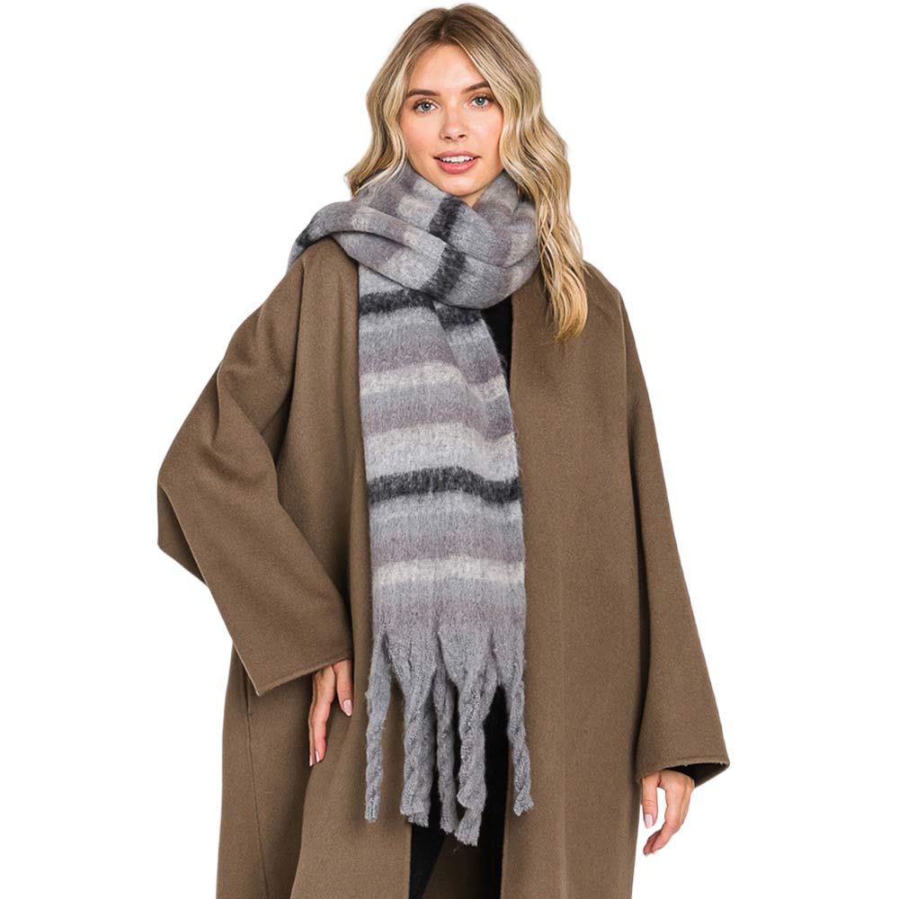 Gray Trendy Striped Fringe Oblong Scarf, is delicate, warm, on-trend & fabulous, and a luxe addition to any cold-weather ensemble. Great for daily wear in the cold winter to protect you against the chill, the classic style scarf & amps up the glamour with a plush. Perfect gift for birthdays, holidays, or any occasion.