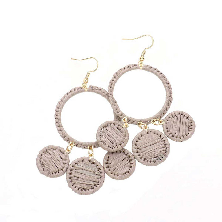 Gray Woven Raffia Open Circle Triple Round Link Dangle Earrings. The Beautifully crafted design adds a glow to any outfit. Look like the ultimate fashionista with these swirl raffia triple round link earrings! Which easily makes your events more enjoyable. These earrings make you extra special on occasion. These swirl raffia round earrings enhance your beauty and make you more attractive. These dangle earrings make your source more interesting and colorful. 