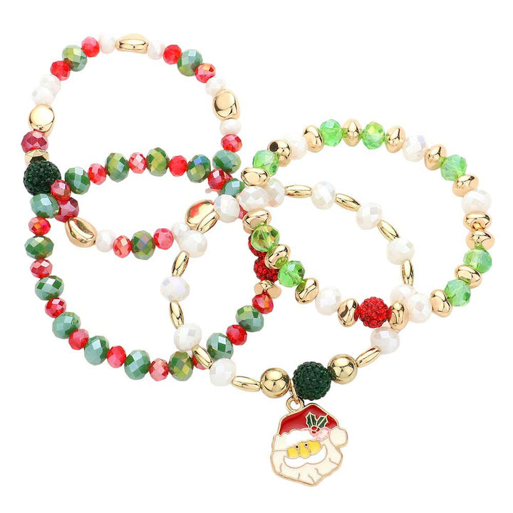 Green 4PCS of Santa Claus Charm Faceted Beaded Stretch Bracelet, it features a unique combination of specialty glass beads, stretchable elastic, and a charm featuring Santa Claus. The bracelet's construction provides an adjustable fit for all wrist sizes. This eye-catching set is perfect for any holiday party. 