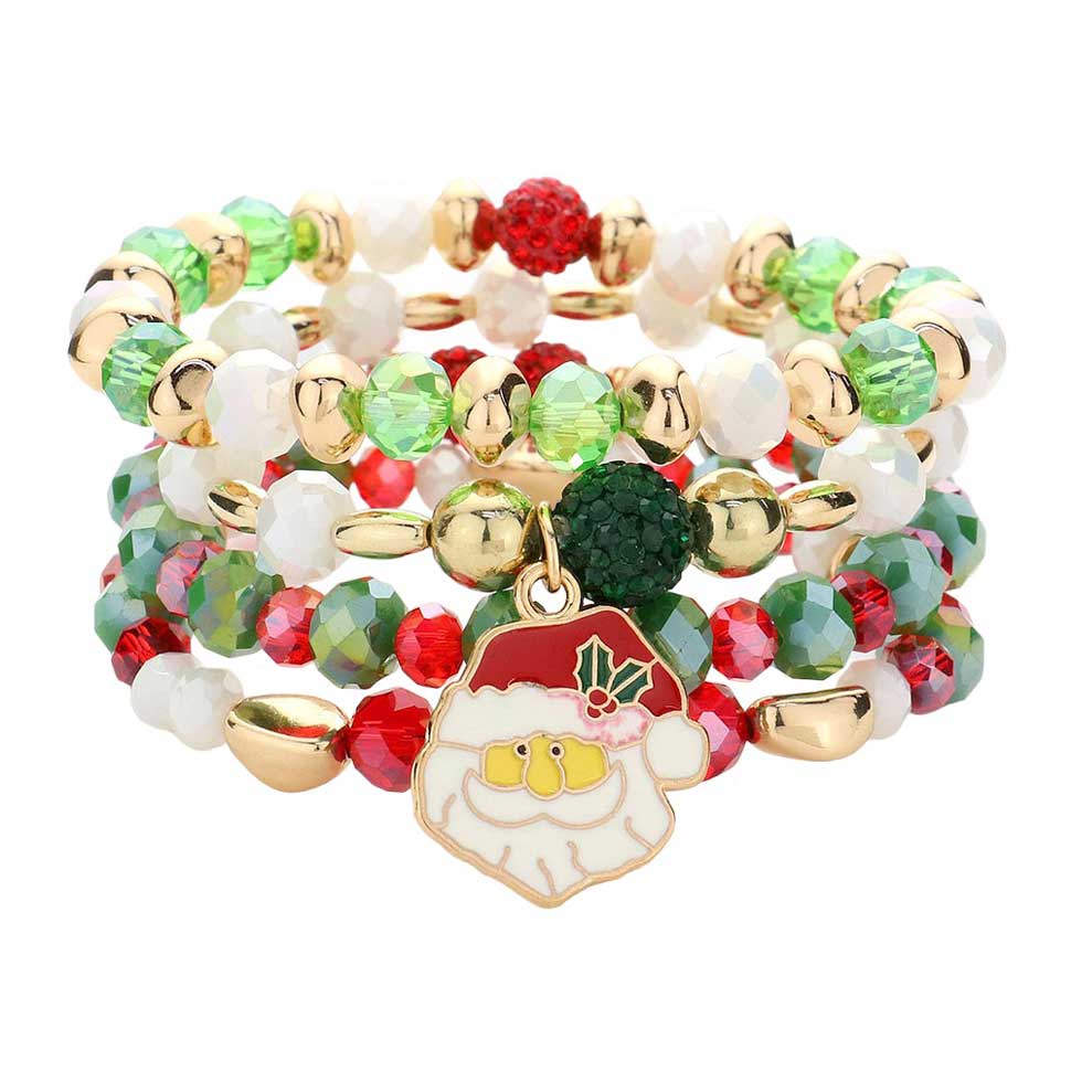 Green 4PCS of Santa Claus Charm Faceted Beaded Stretch Bracelet, it features a unique combination of specialty glass beads, stretchable elastic, and a charm featuring Santa Claus. The bracelet's construction provides an adjustable fit for all wrist sizes. This eye-catching set is perfect for any holiday party. 