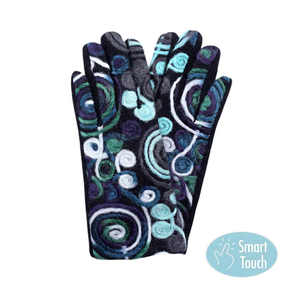 Green Abstract Swirl Yarn Embroidered Smart Touch Gloves, Keep your hands warm and stylish! These gloves feature a unique abstract yarn design and smart touch technology, allowing you to use your phone, tab, or any touch-sensitive devices without taking off your gloves. Stay connected and cozy with these must-have gloves.