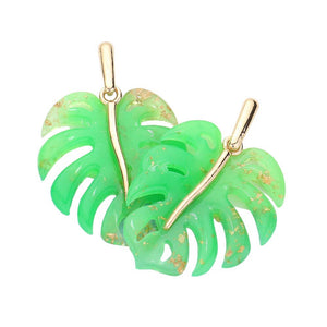 Green Acetate Tropical Leaf Dangle Earrings, Add a touch of tropical elegance to your outfit with these stunning earrings. The lightweight acetate material in vibrant leaf shapes will make you stand out and bring a taste of paradise wherever you go. Elevate your style and embrace your love for the tropics today!