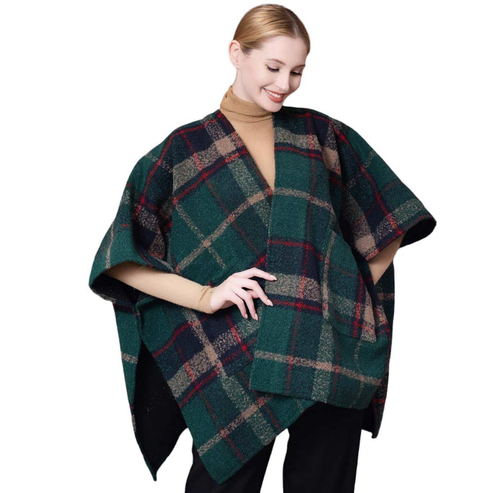 Green Beautiful Plaid Check Patterned Poncho, with the latest trend in ladies' outfit cover-up! the high-quality knit check patterned poncho is soft, comfortable, and warm but lightweight. It's perfect for your daily, casual, evening, vacation, and other special events outfits. A fantastic gift for your friends or family.