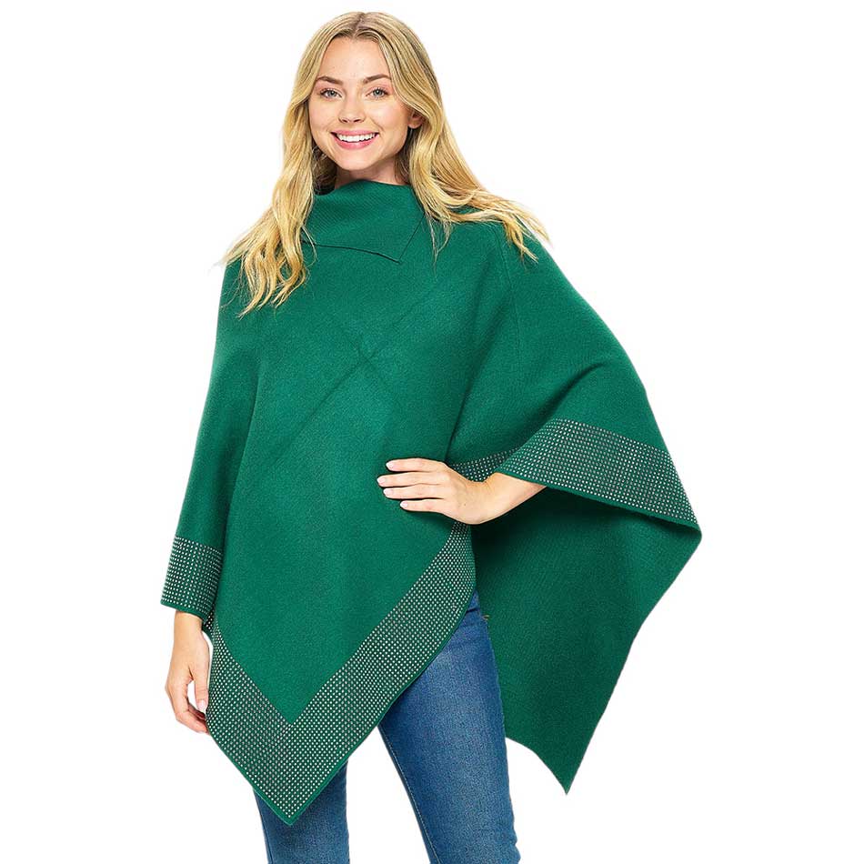 Black Bling Border Solid Neck Poncho, with the latest trend in ladies' outfit cover-up! the high-quality knit neck poncho is soft, comfortable, and warm but lightweight. Stay protected from the chilly weather while taking your elegant looks to a whole new level with an eye-catching, luxurious casual outfit for women!