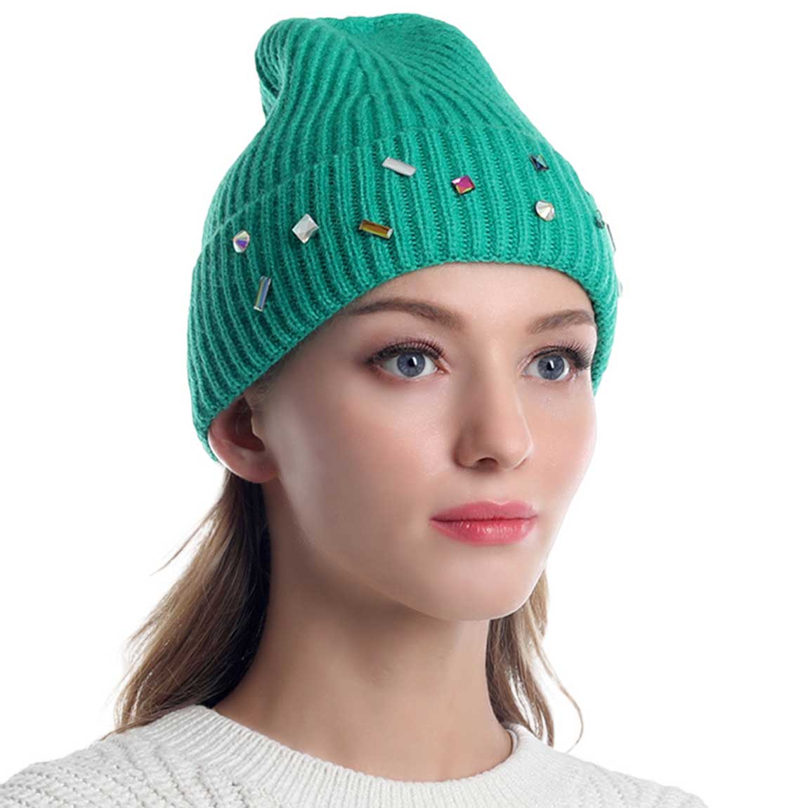 Green Bling Stone Embellished Knit Beanie Hat, wear this beautiful beanie hat with any ensemble for the perfect finish before running out the door into the cool air. The hat is made in a unique style and it's richly warm and comfortable for winter and cold days. Perfect gift item for all occasions.