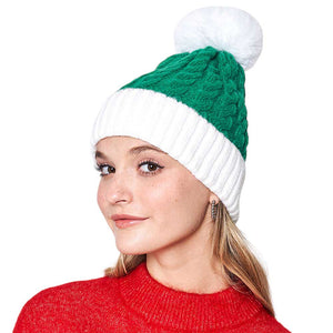 Green Cable Knit Faux Fur Pom Pom Beanie Hat, is the perfect choice to stay warm during the cold winter months. Crafted from a cozy and soft cable knit design, and completed with an adorable faux fur pom pom, this beanie is sure to turn heads. Perfect gift choice for the Christmas festival.