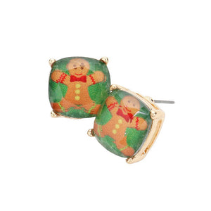 Green Christmas Gingerbread Man Cushion Square Stud Earrings, Enjoy a festive touch with these fun earrings. Featuring a sparkly surface and stylish design, these earrings are sure to impress. They're made from high-quality materials for long-lasting durability. Perfect for the Christmas holiday season!
