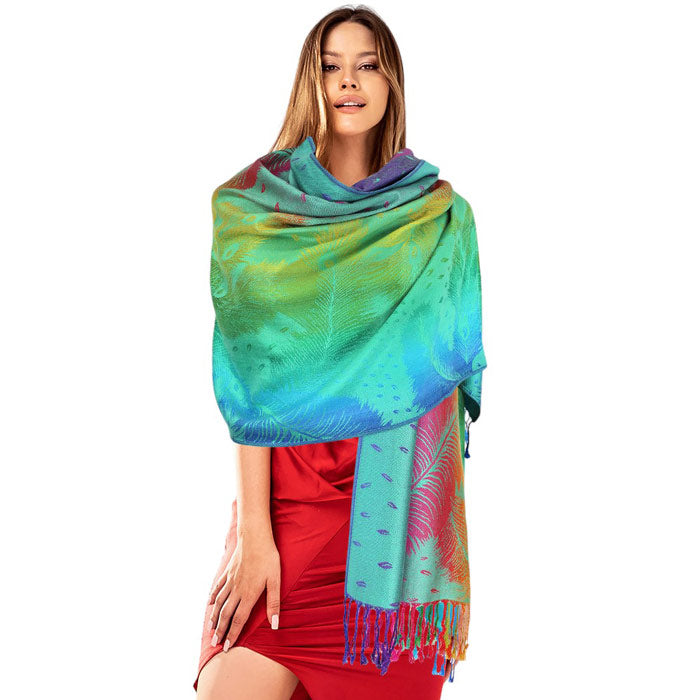 Green- Colorful Peacock Printed Pashmina Scarf Shawl , Made from luxurious pashmina material, this scarf will keep you warm and stylish. The bold peacock print adds a touch of playfulness to any outfit. Let your personality shine with this unique and eye-catching accessory. Perfect gift choice for someone you love