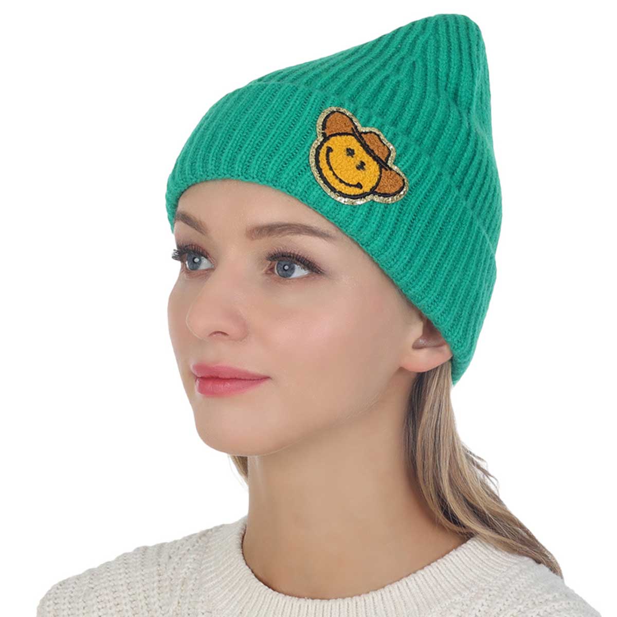 Green Cowboy Hat Smile Accented Knit Beanie Hat. From daily life to holidays, this stylish beanie hat's cozy fabric will keep you looking great and feeling warm. This knit beanie is to be a great gift for women, ladies, and girls. A wide range of colors lets you choose your favorite one or you can pick several colors to go !