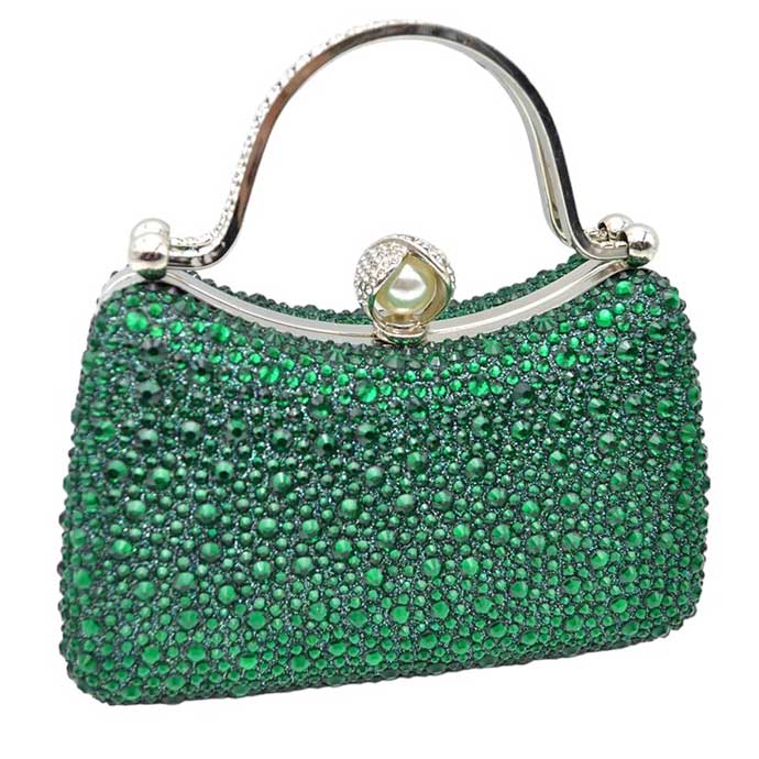 Green Crystal Diamond Top Handle Embellished Evening Clutch Bag is a remarkable evening bag, crafted from premium materials with a crystal diamond top handle for a special touch. Featuring a soft-textured fabric lining and a stylish, elegant exterior, this clutch bag is ideal for special occasions. 