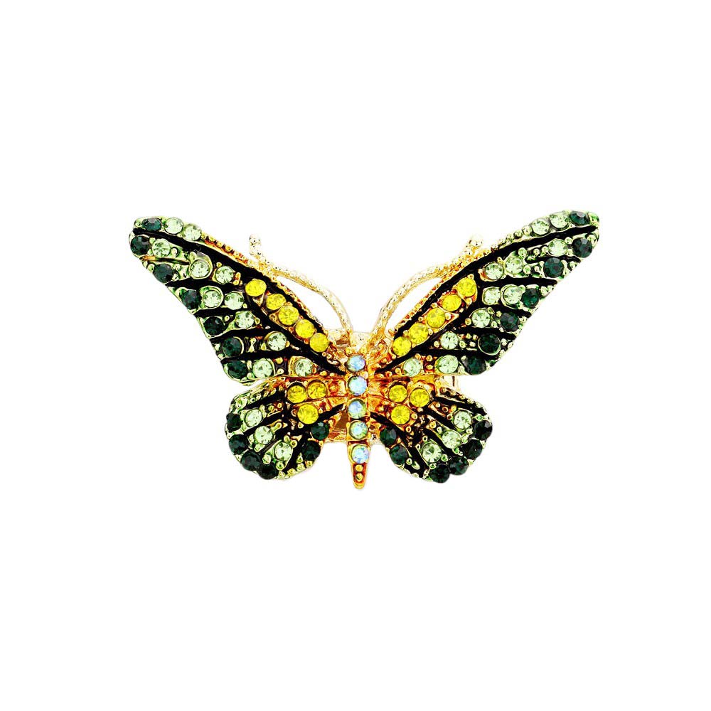 Green Crystal Pave Butterfly Stretch Ring, Indulge in luxury with this exquisite piece that features a delicate butterfly design adorned with sparkling crystals, adding a touch of glamour to any outfit. The elastic stretch band ensures a perfect fit for all sizes. Elevate your style with this sophisticated accessory.